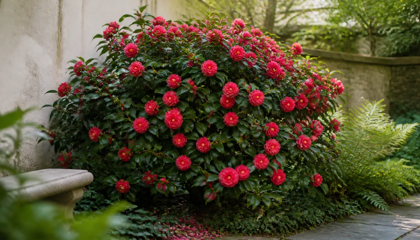 Camellia shrub with glossy evergreen leaves and layered pink flowers