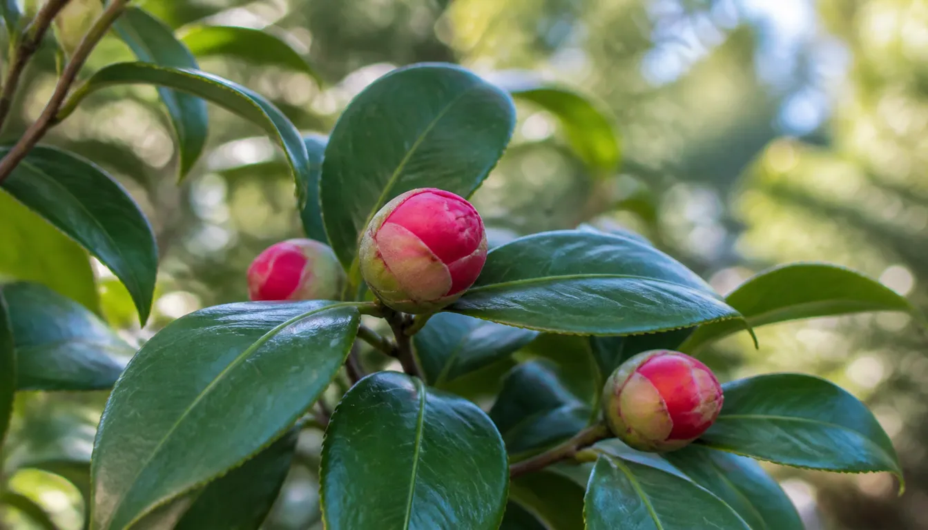 Close view of camellia buds and glossy leaves on a shaded evergreen shrub
