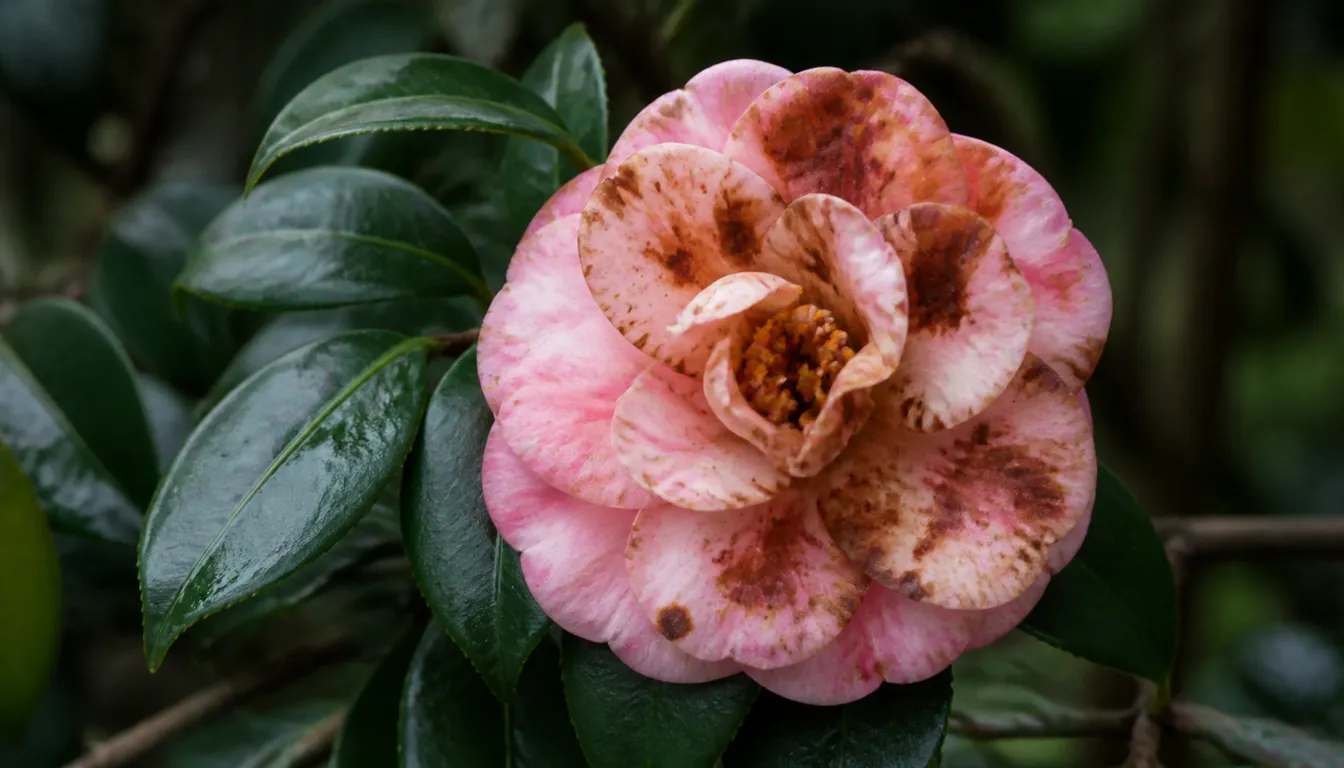 Camellia flower with brown blotches spreading across the petals from petal blight