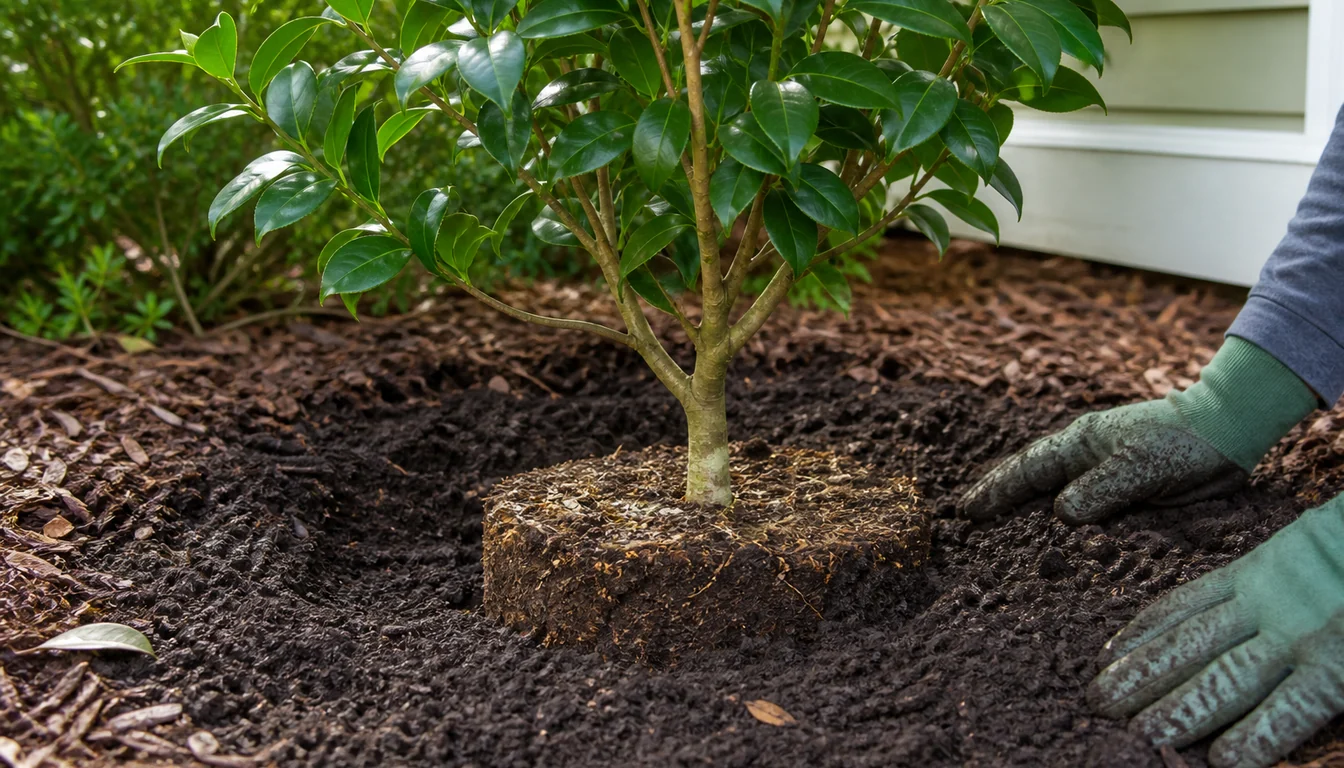 Young camellia set slightly high in a broad planting hole with the top of the root ball and trunk flare above surrounding grade