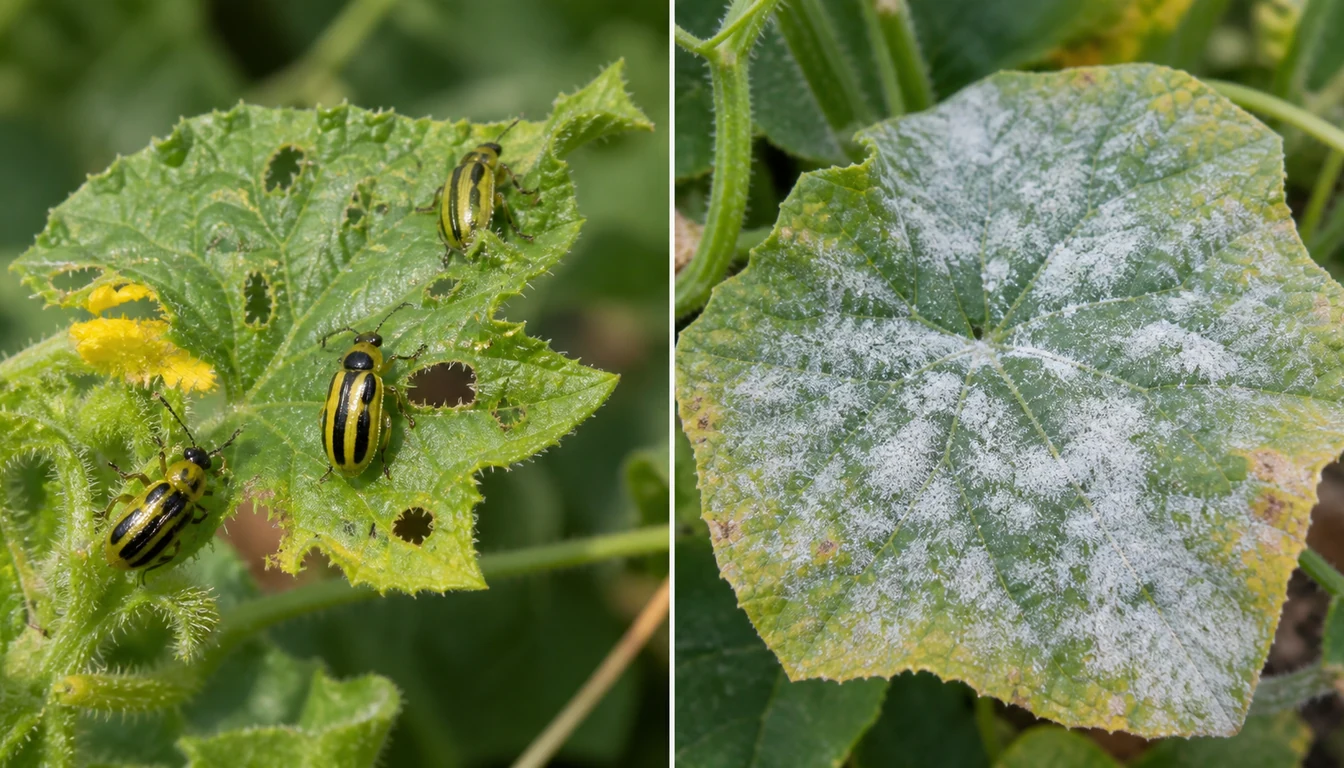 Striped cucumber beetles feeding on a young cucurbit leaf leaving ragged holes on one side, and a mature leaf coated with dusty white powdery mildew on the other