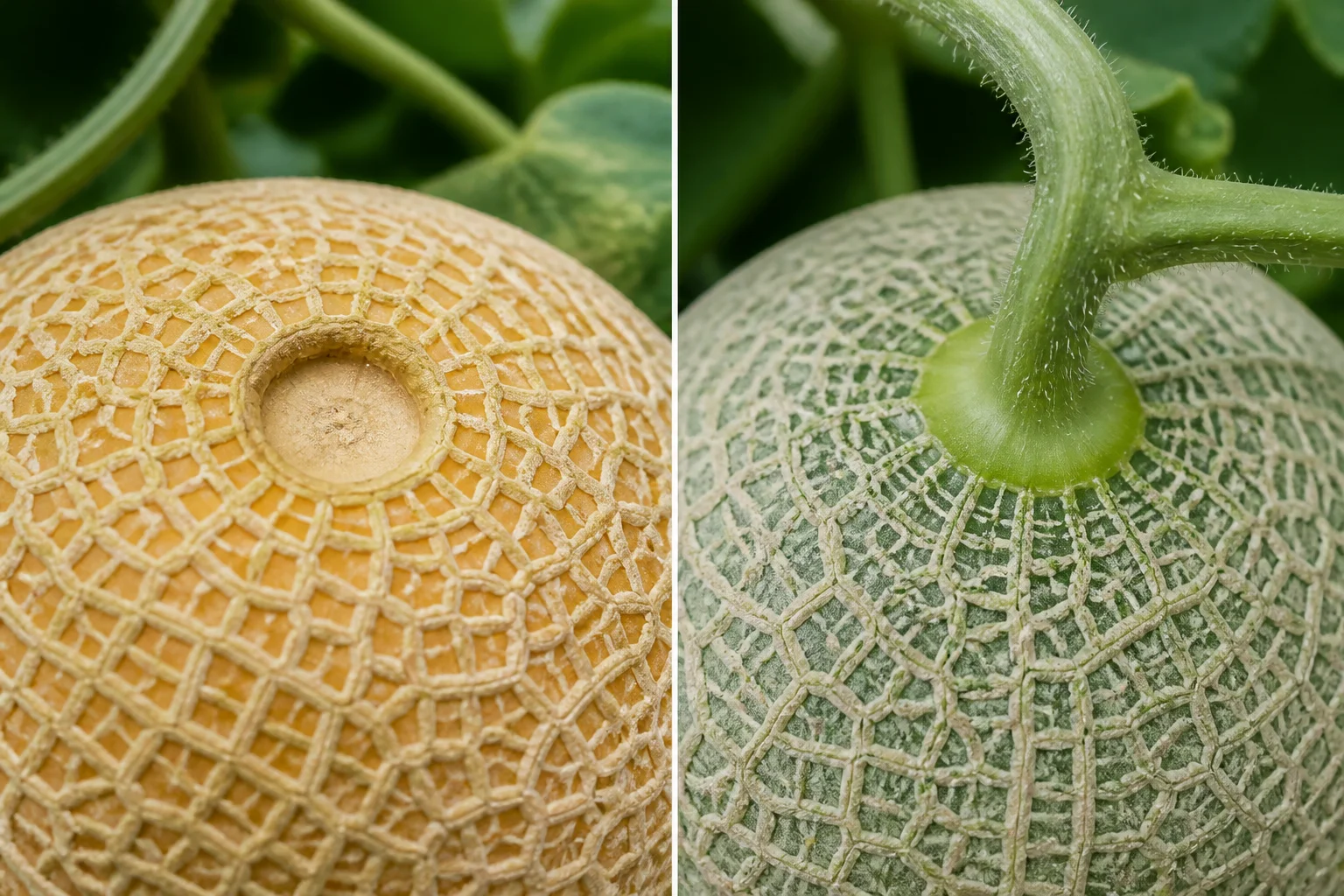 Side-by-side cantaloupe stem comparison showing a ripe melon at full slip with a clean smooth indentation and an unripe melon with the green stem still firmly attached