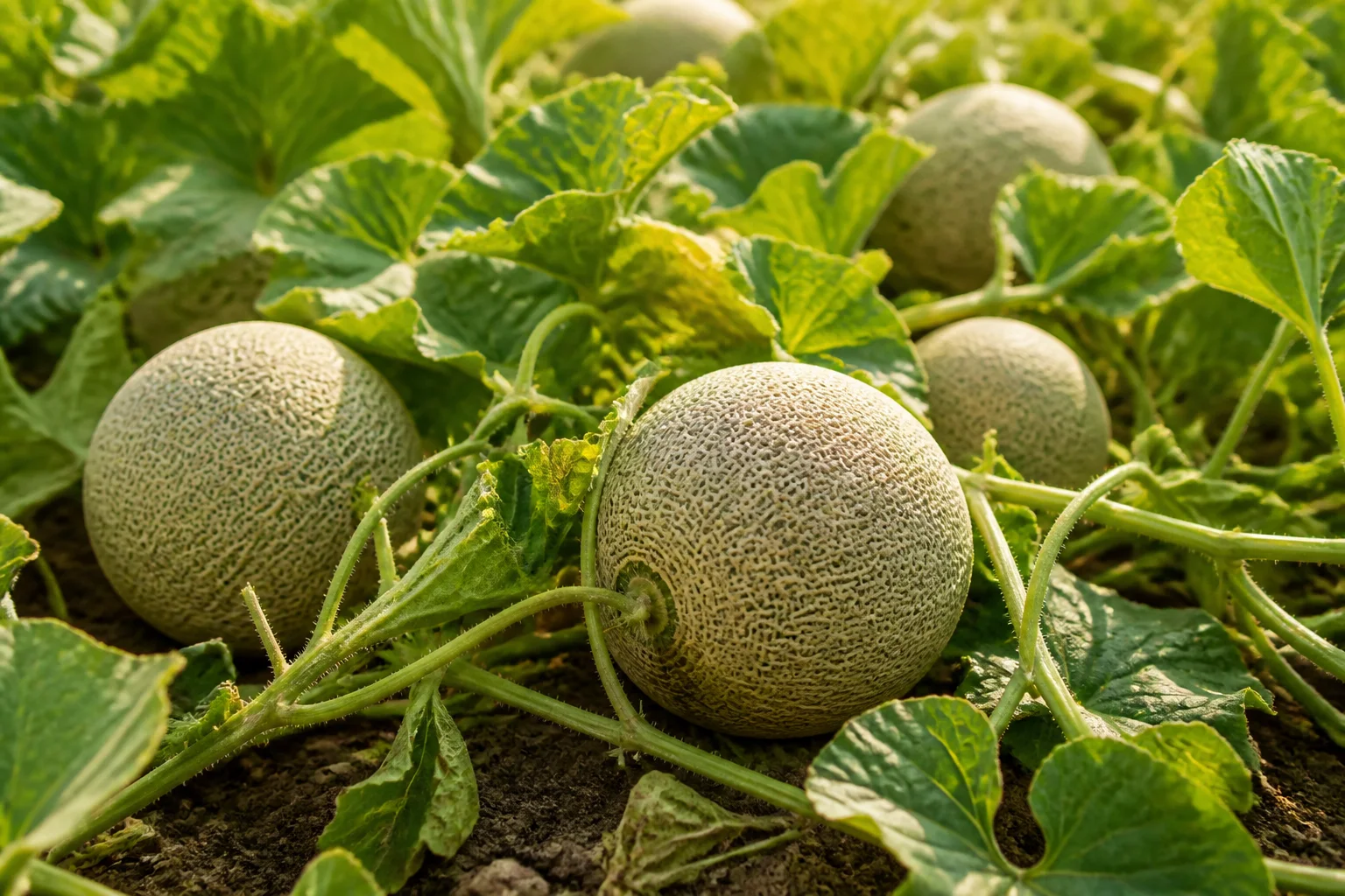 Ripe cantaloupe melons resting on healthy vines in a sunny garden bed