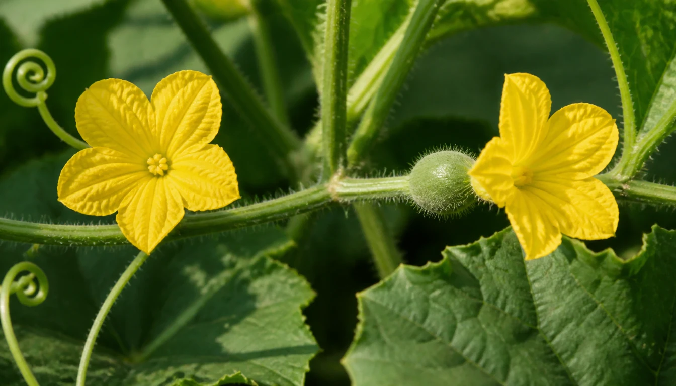 A male cantaloupe flower on a plain thin stem beside a female flower with a small round fuzzy immature melon swelling directly behind its petals