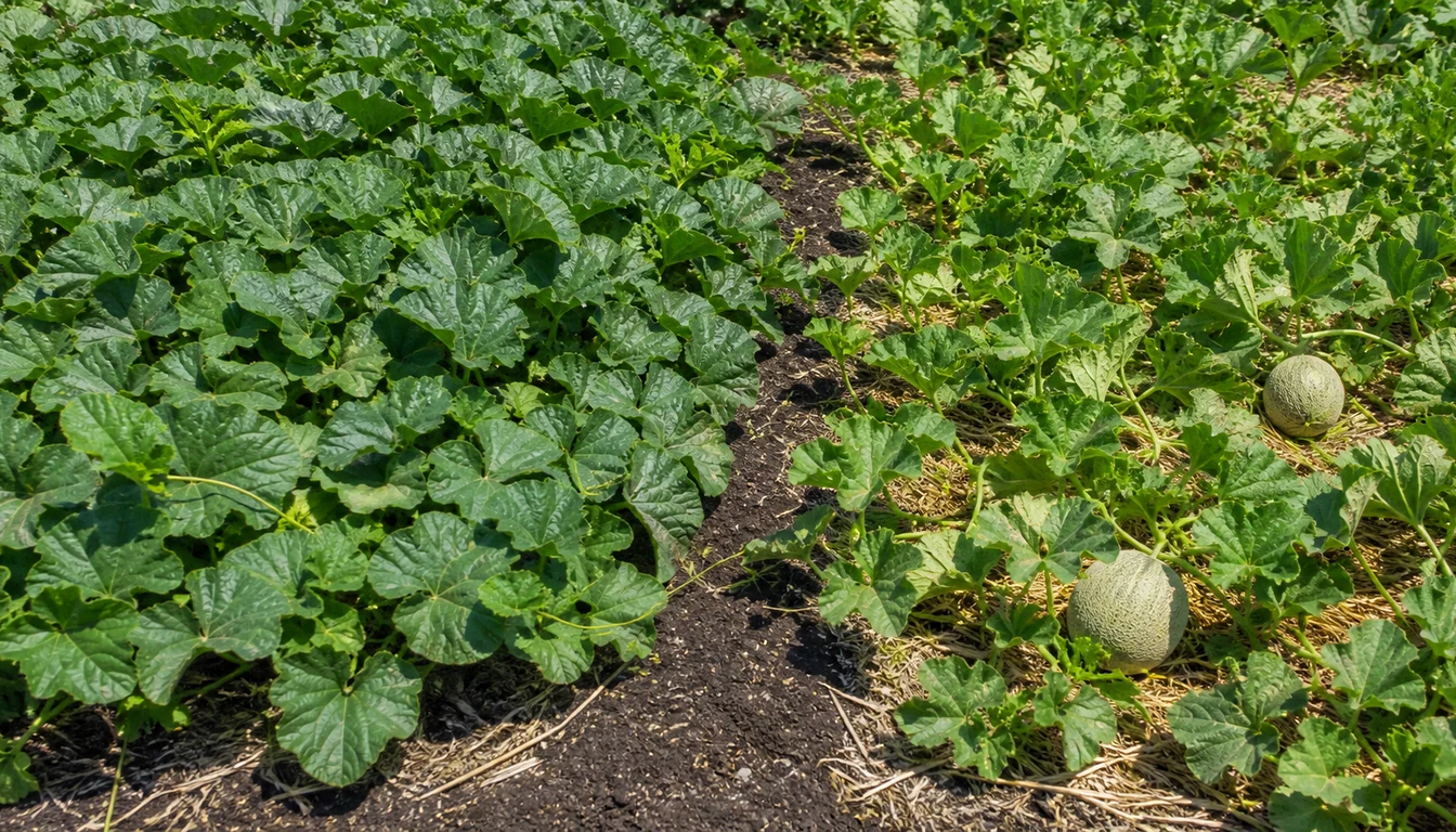 Two adjacent sections of a melon patch, a dense mound of huge dark green leaves with no fruit visible, and a more open vine of the same crop carrying two netted cantaloupes sizing on straw