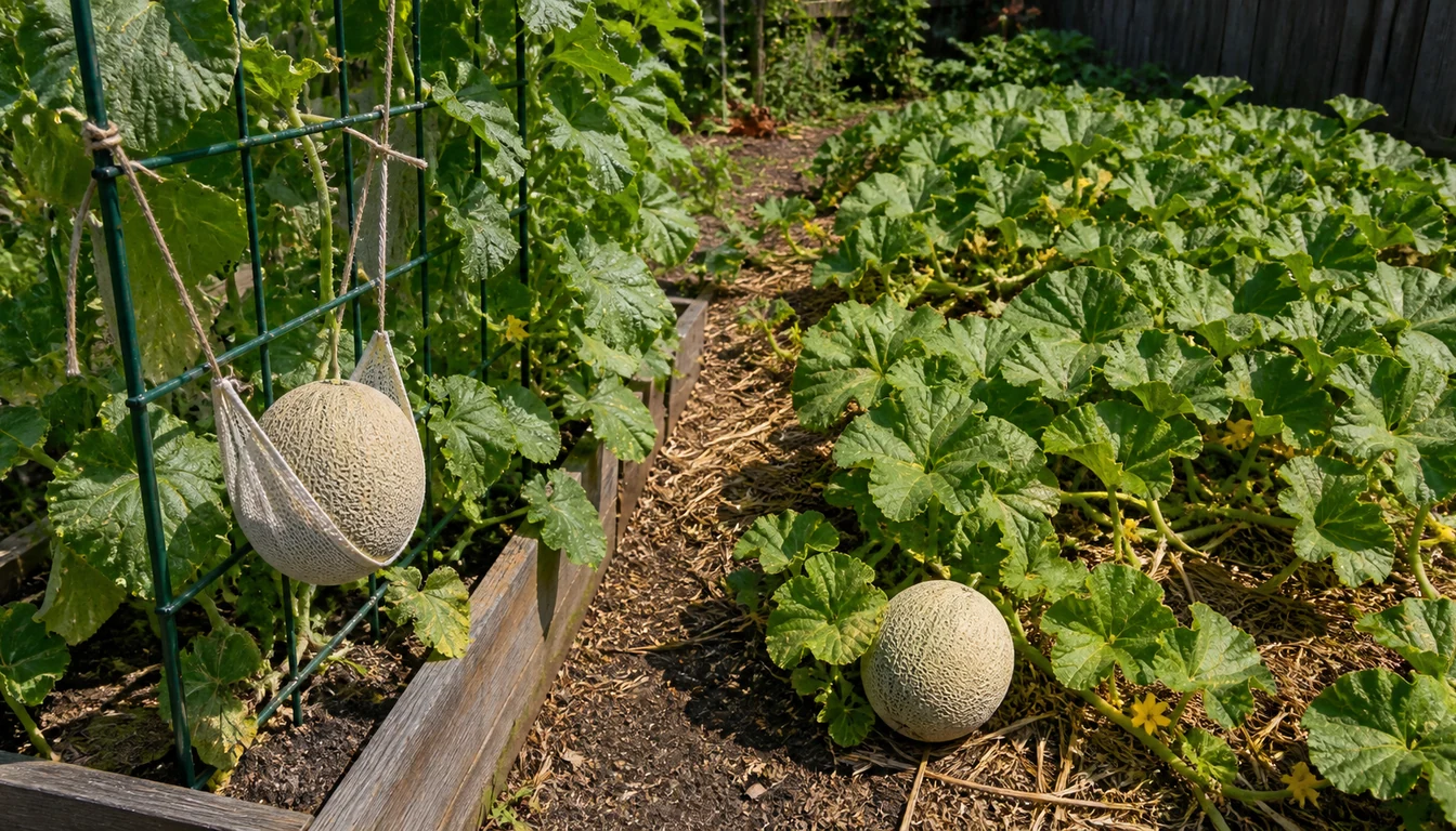 A trellised cantaloupe in a narrow raised bed with a netted melon held in a fabric sling tied to the frame, beside a sprawling ground planting where a melon rests on straw mulch