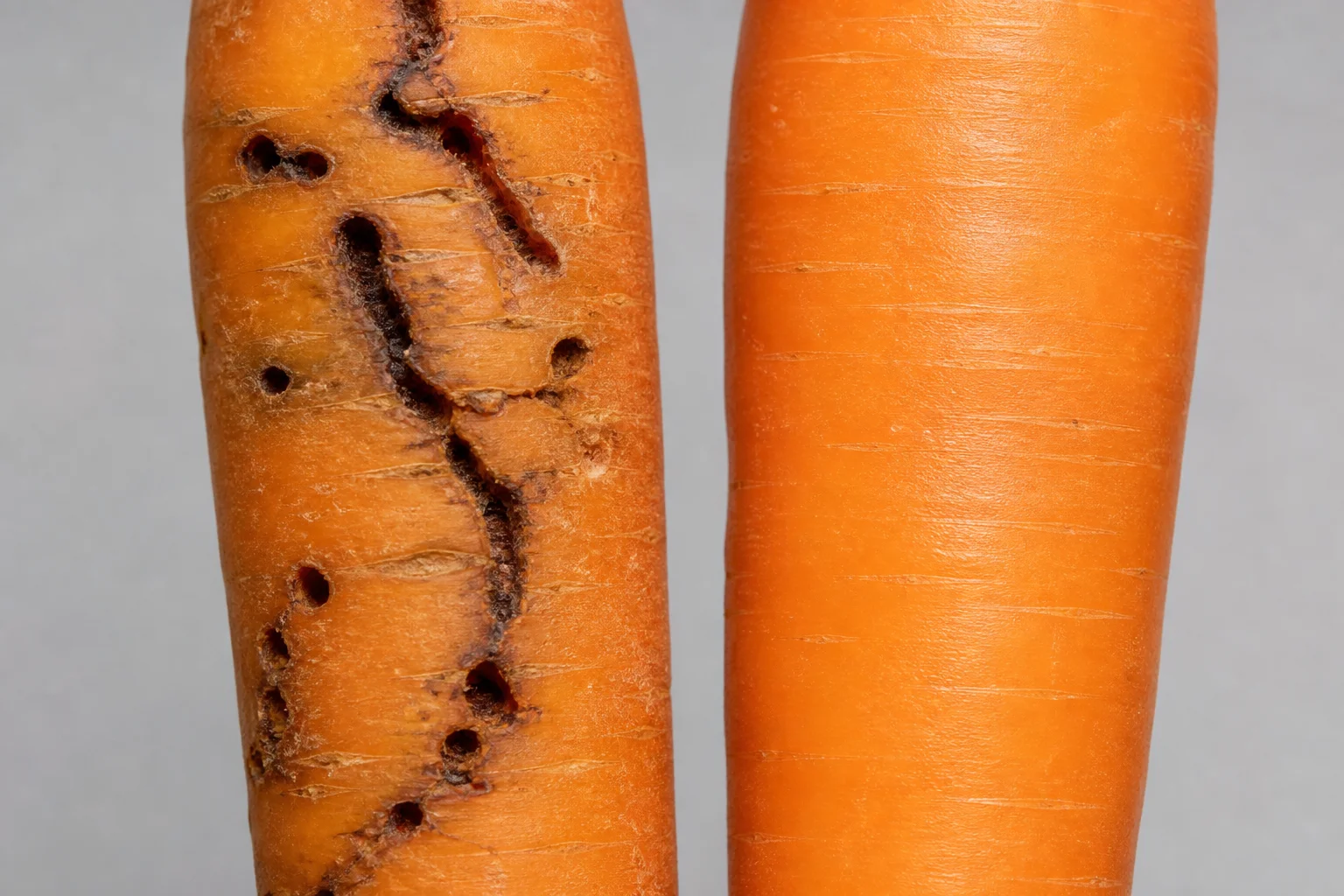 A carrot root with rusty brown fly-larva tunnels beside a clean, smooth, straight carrot root.