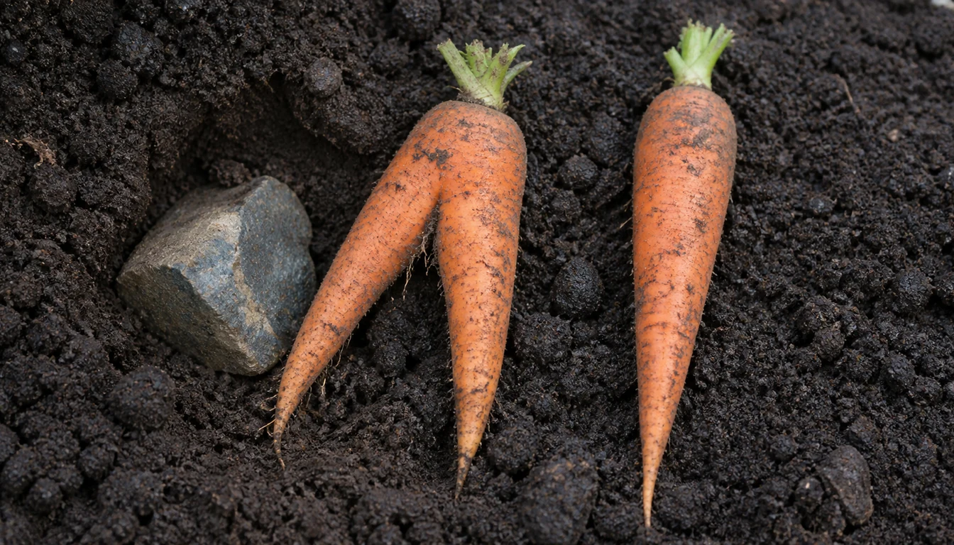 Two lifted carrots on dark soil, a forked one whose taproot split into two prongs around an angular gray stone lying beside it, and a straight clean root from fine stone-free soil