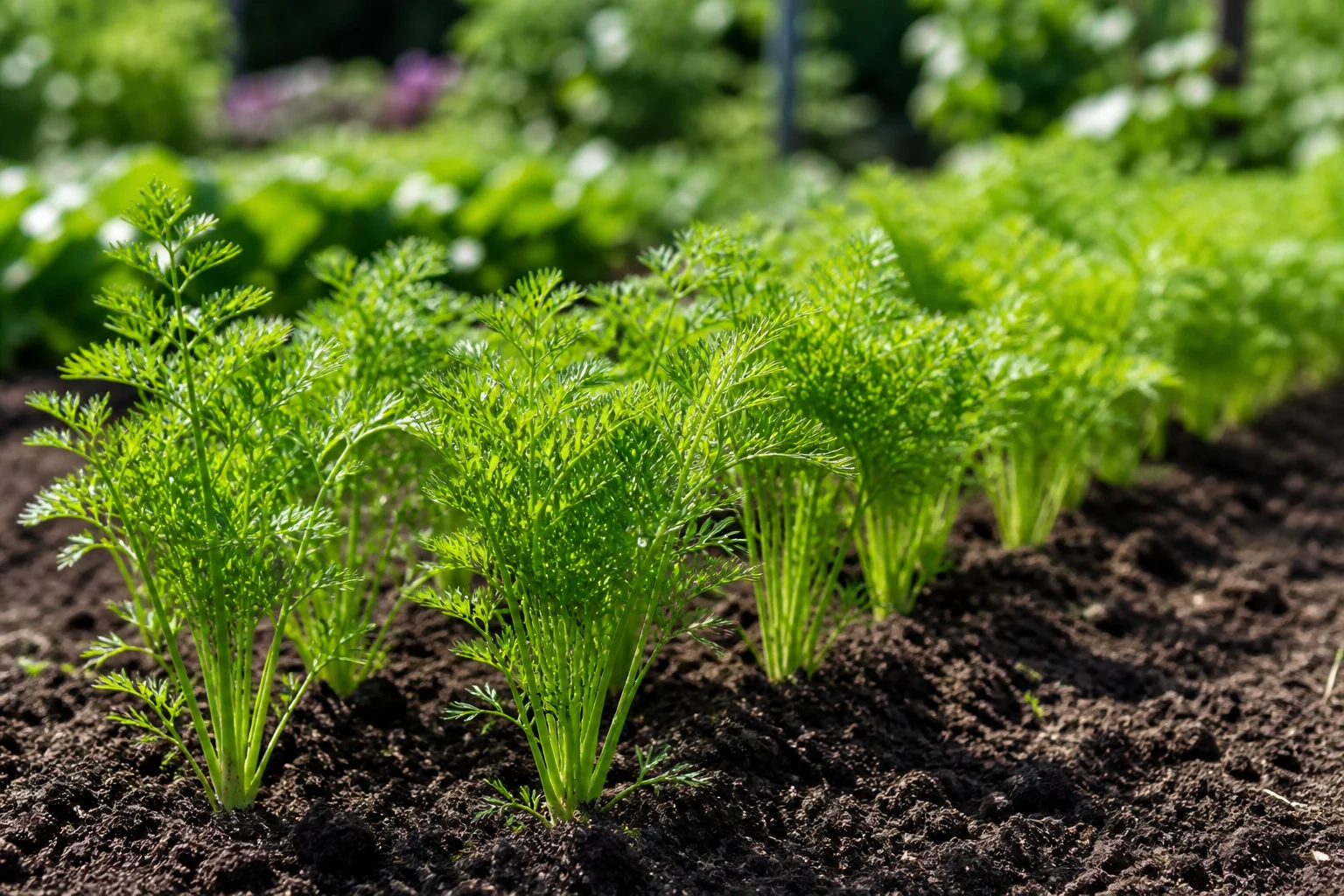 Rows of carrot tops growing above loose soil in a well-prepared garden bed