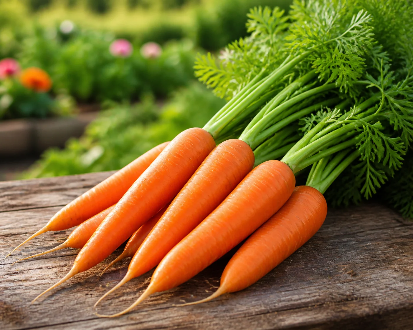 Freshly pulled carrots showing straight orange roots and healthy green tops