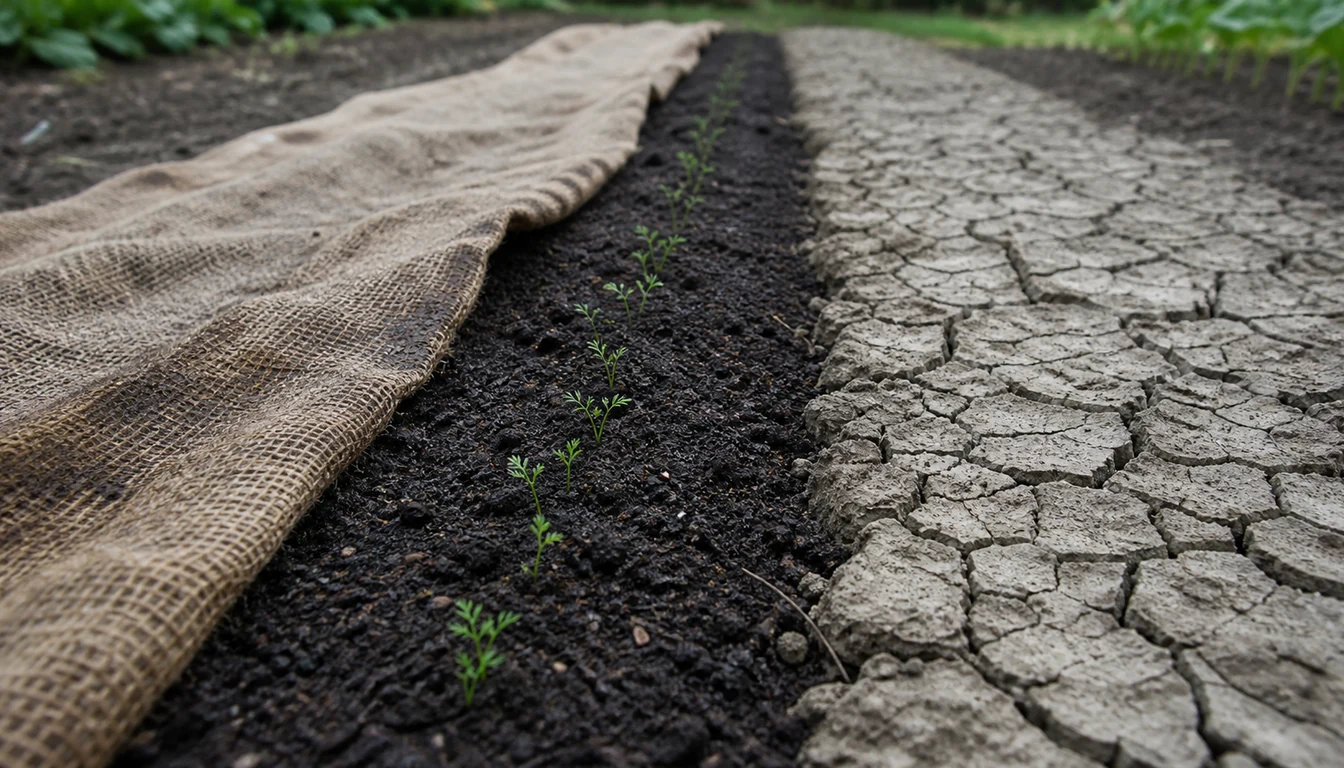 A seed row half covered by damp hessian folded back to show dark moist soil with tiny carrot seedlings emerging, and an uncovered half baked into a pale cracked crust with no seedlings