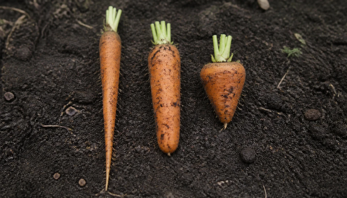 Three freshly pulled carrots on dark soil, a long slender tapering Imperator, a medium blunt-tipped cylindrical Nantes, and a short broad-shouldered stubby Chantenay