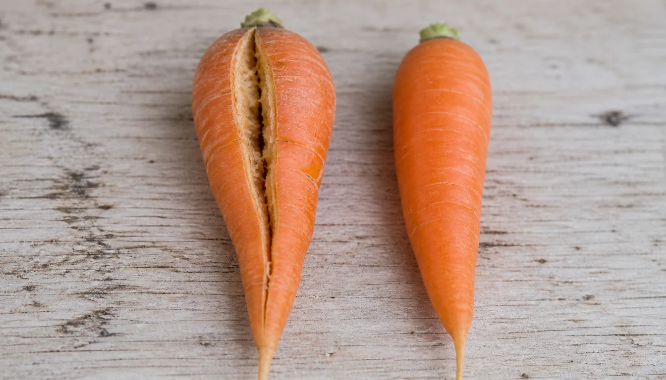 Two washed carrots on a pale wooden board, one with a deep lengthwise crack gaping open down most of the root and the other smooth and evenly tapered
