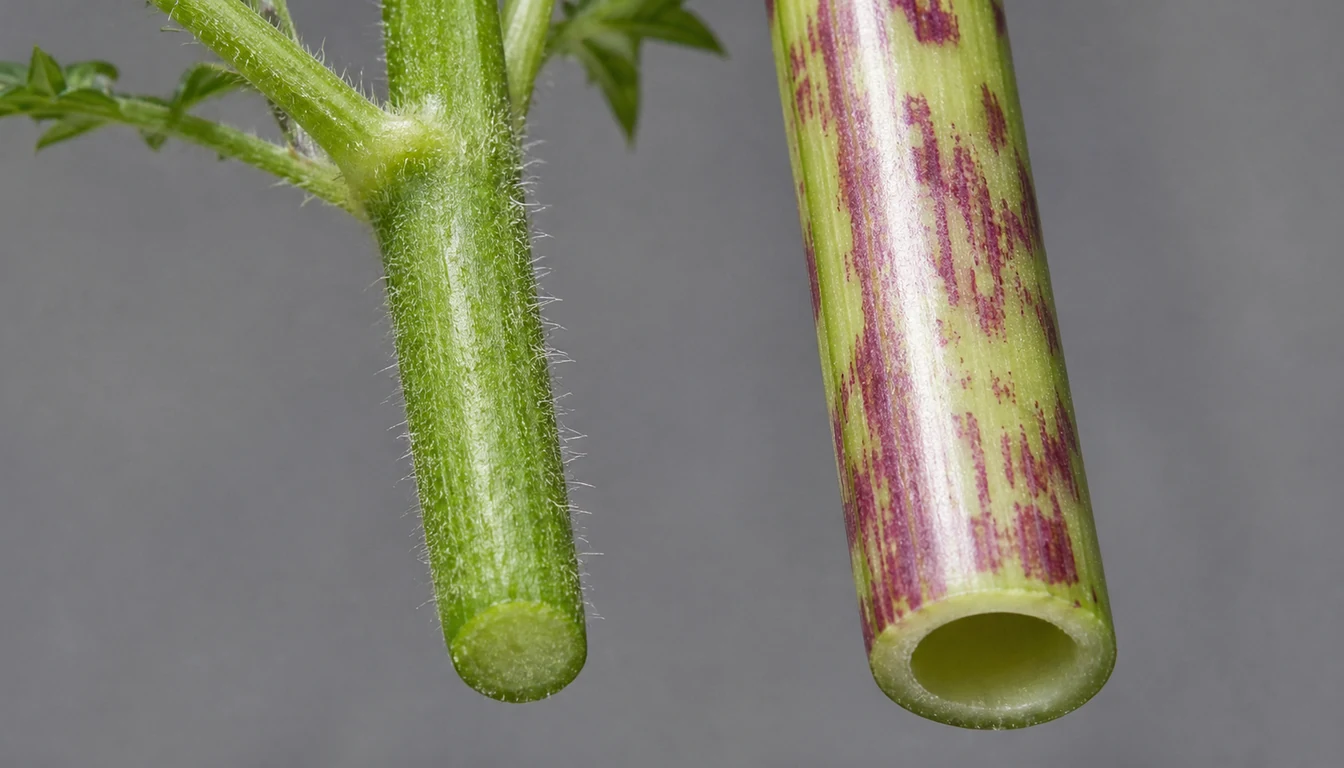 Two stems side by side at high magnification, a hairy solid green wild carrot stem and a smooth hairless poison hemlock stem blotched with purple and hollow at the cut end