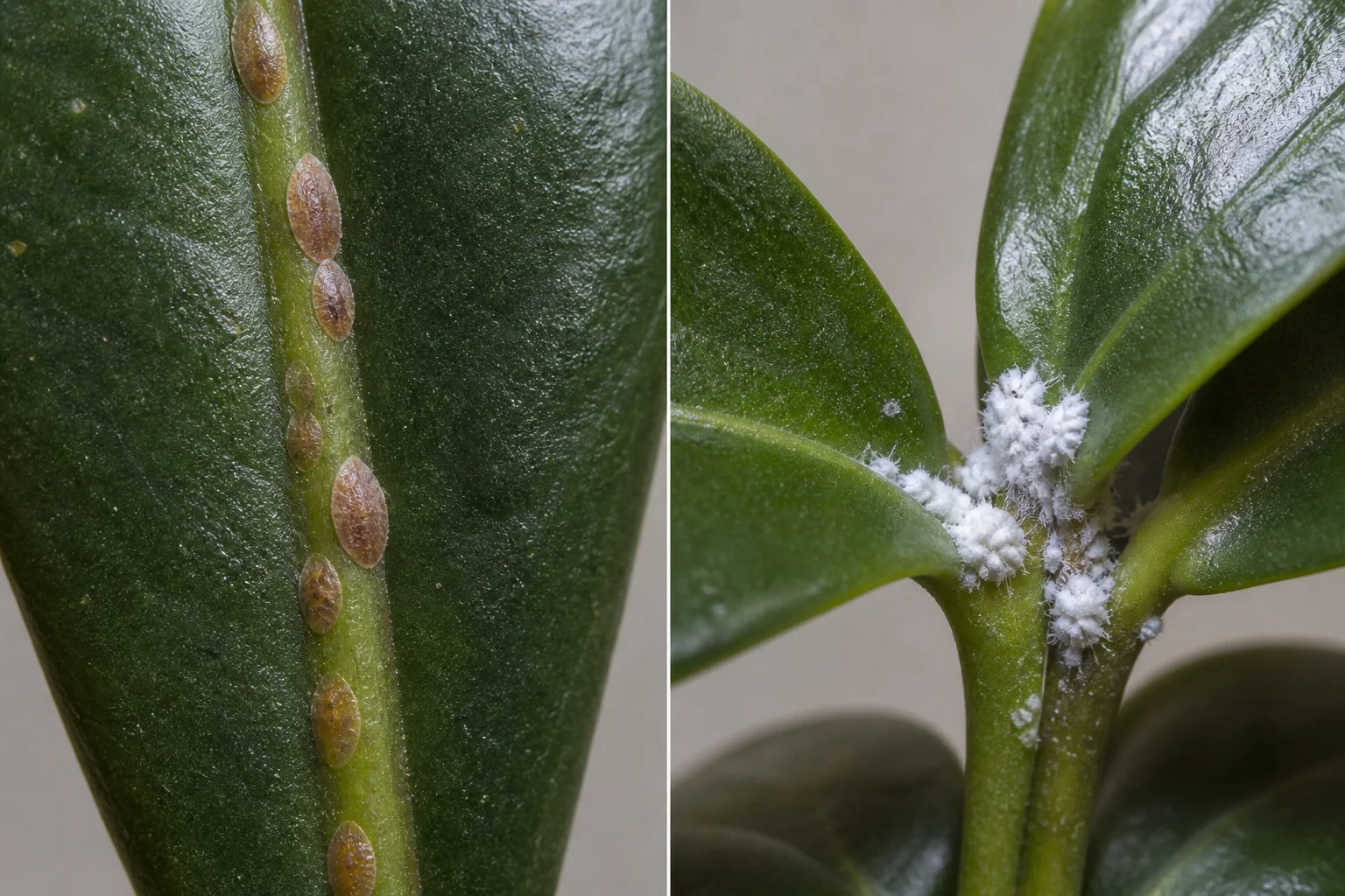 Brown scale insect bumps along a leaf midrib beside white cottony mealybug clusters in a leaf joint.