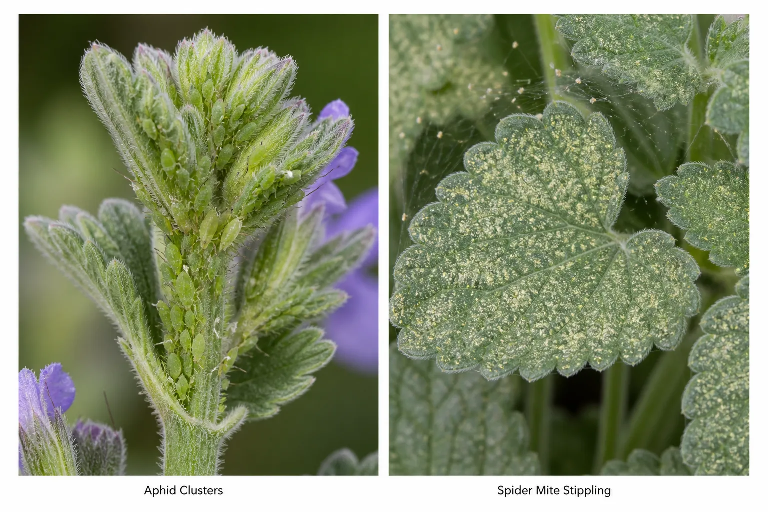 Side-by-side comparison of dense green aphid clusters on a catmint stem tip beside a catmint leaf with fine pale stippling and spider mite webbing