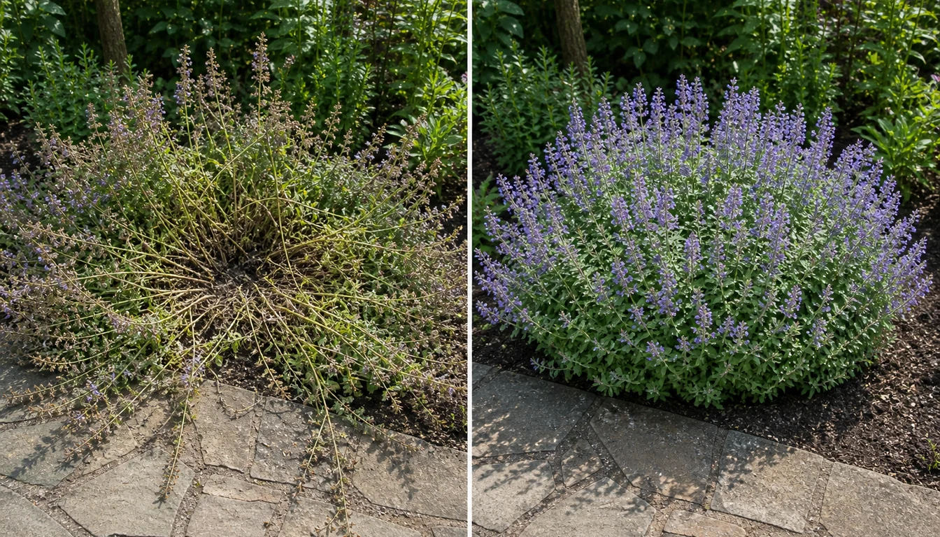 The same catmint plant beside a stone path, sprawled and split open at the center with stems fallen flat, then a few weeks after a hard shear as a compact dome with a fresh flush of blue flowers