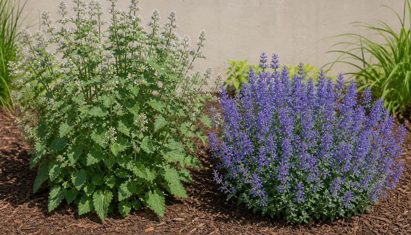A true catnip plant with coarse upright growth, large gray-green toothed leaves and dull whitish flowers beside a garden catmint forming a dense low mound covered in blue-violet flower spikes