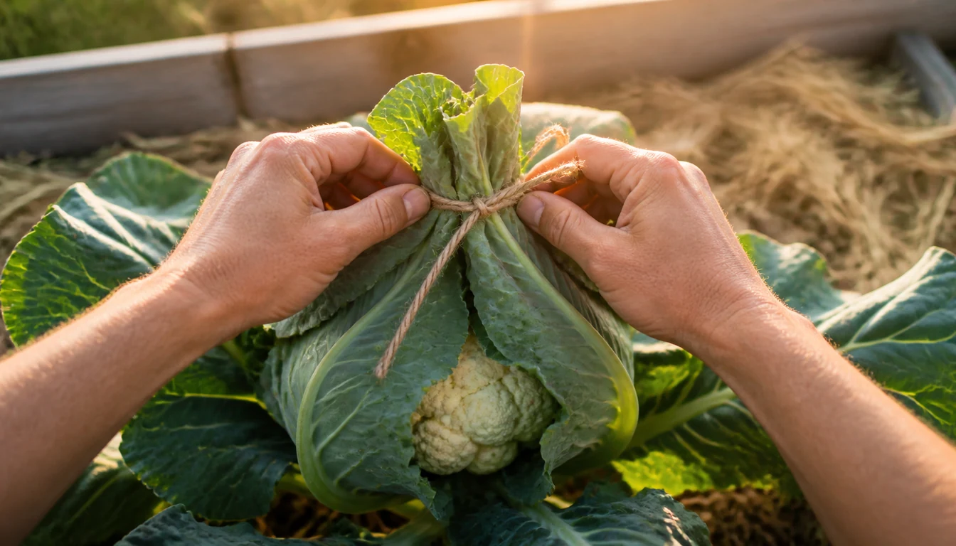 Two hands drawing four outer cauliflower leaves up over a young white curd and securing the gathered tips with a loose loop of garden twine