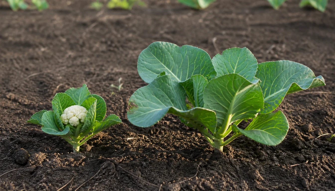 Two cauliflower plants of the same age in a garden row, a stunted one on the left with a coin-sized curd already exposed above a few small leaves, and a vigorous one on the right with broad leaves and no curd yet