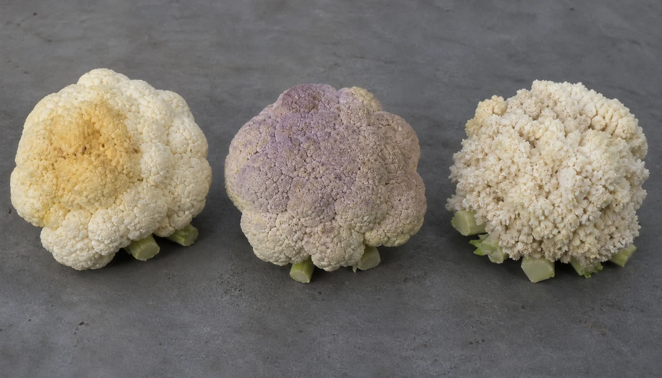 Three cauliflower heads on a gray bench, one with a yellow sun-scorched patch on its shoulder, one with a purple-bronze cast across the crown, and one whose surface has separated into rice-like grains