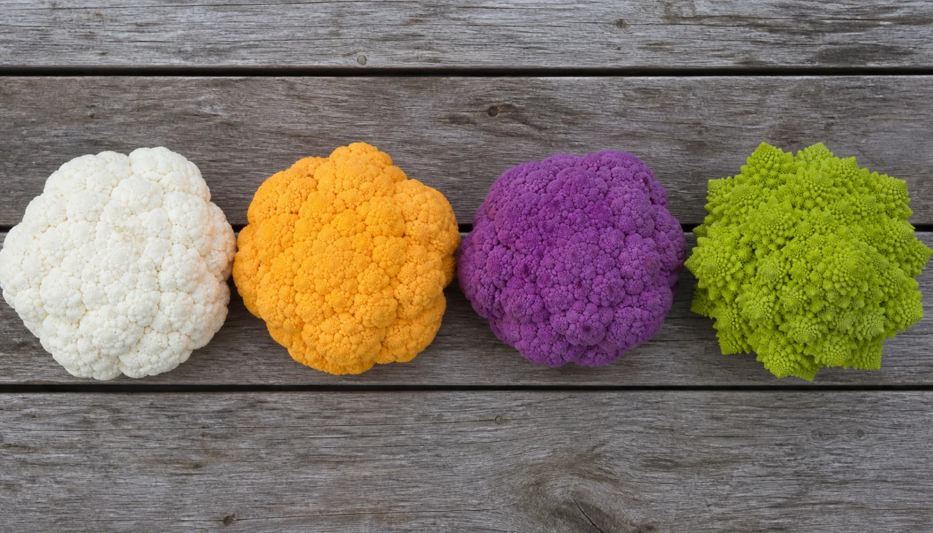 Four cauliflower heads in a row on a wooden bench, a white snowball type, an orange cheddar type, a purple type, and a lime-green Romanesco with spiralled points