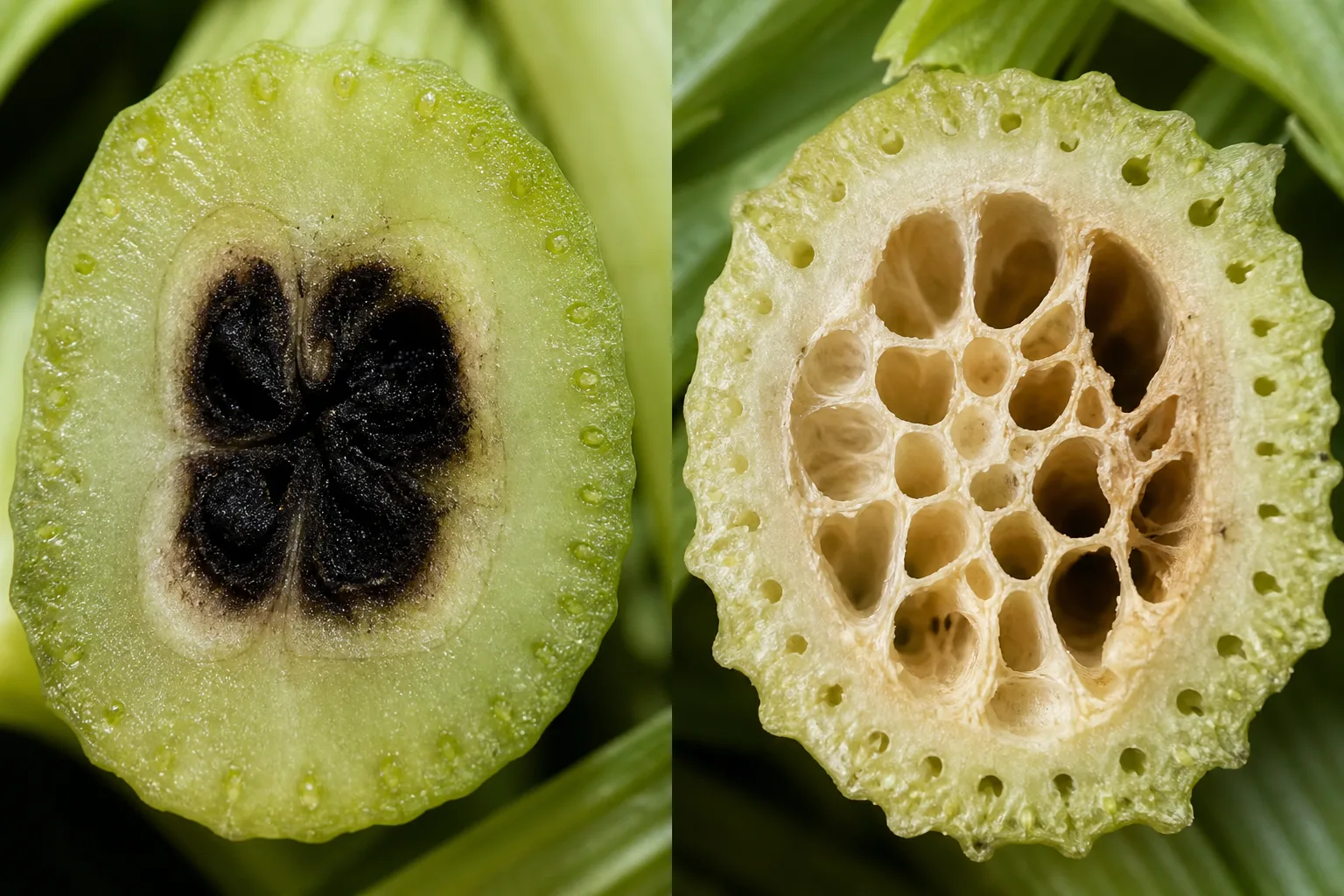 Cross-section comparison of a celery stalk with a dark dead blackheart center beside a celery stalk with a dry pithy hollow center