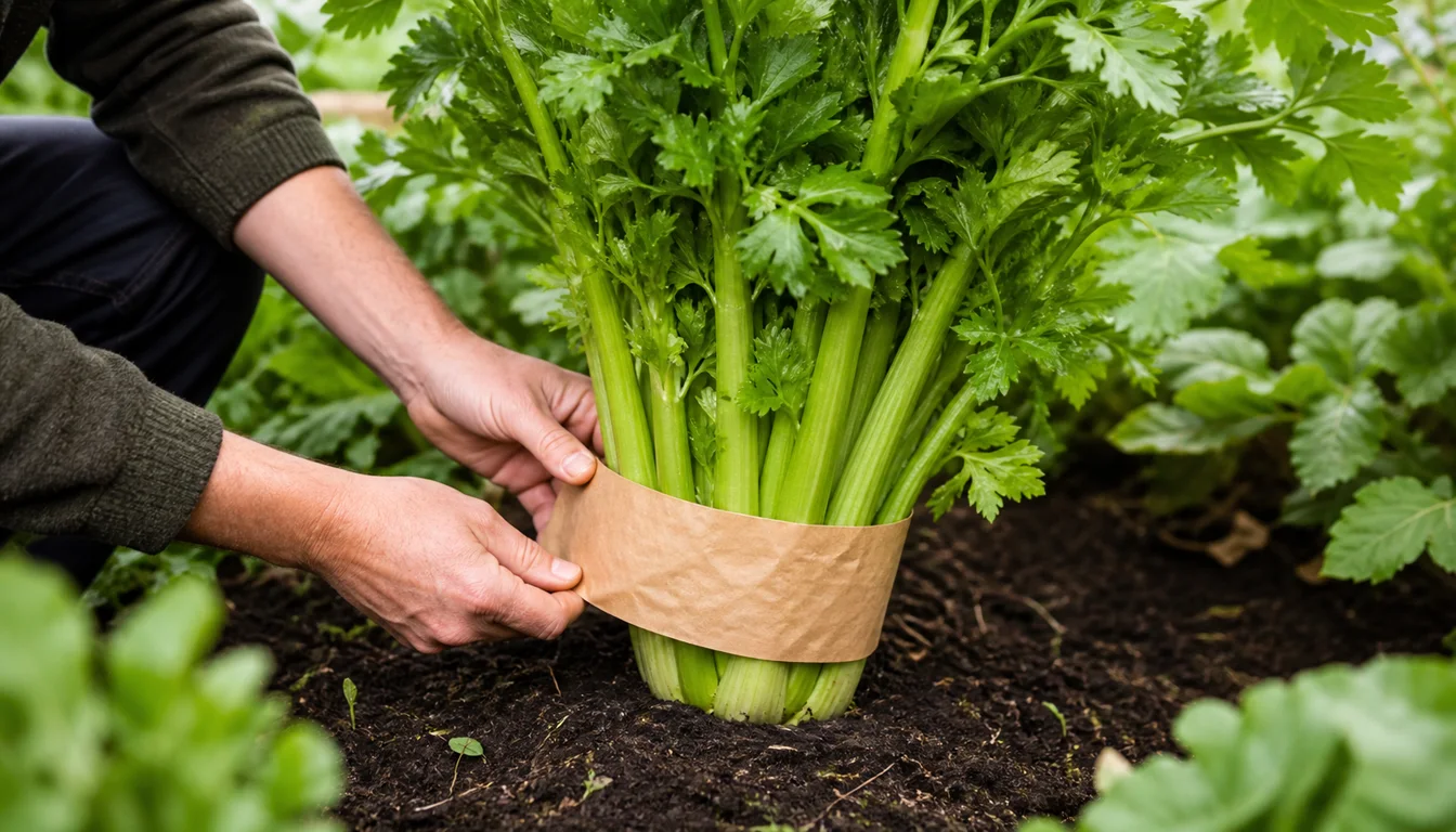 Gardener fitting a loose kraft-paper collar around mature celery stalks while leaving the leafy center exposed
