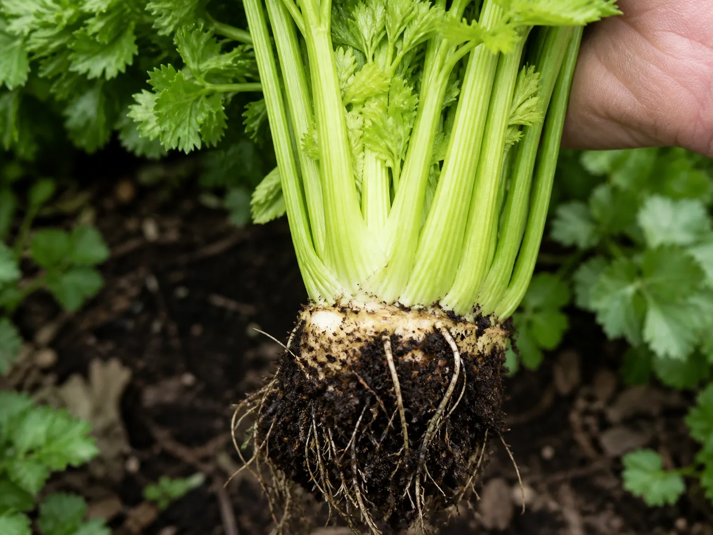 Freshly cut celery stalks with tight ribs and leafy tops held above the garden bed