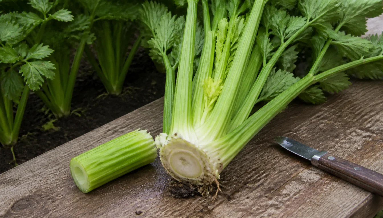 Fresh celery crown on a harvest bench with one thick outer stalk cut away and the pale center heart intact