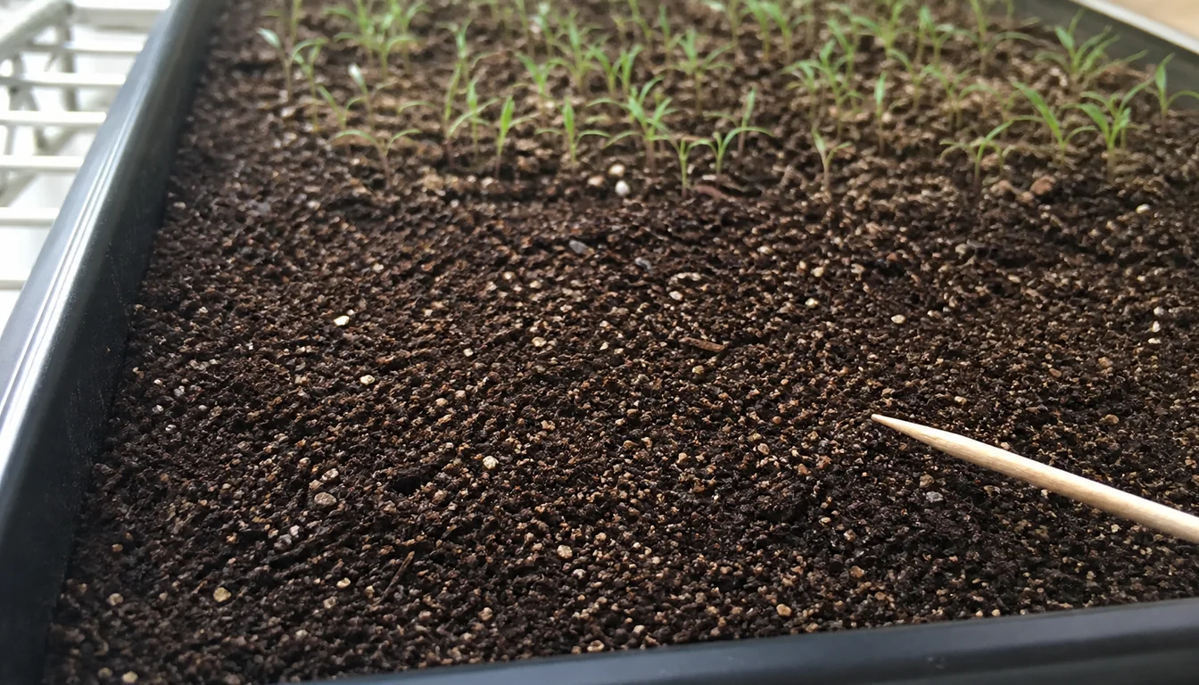 Tiny celery seeds pressed onto moist seed-starting mix beside newly emerged seedlings