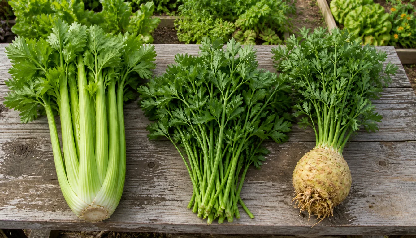 Stalk celery, cutting celery, and celeriac arranged with their distinct edible parts visible
