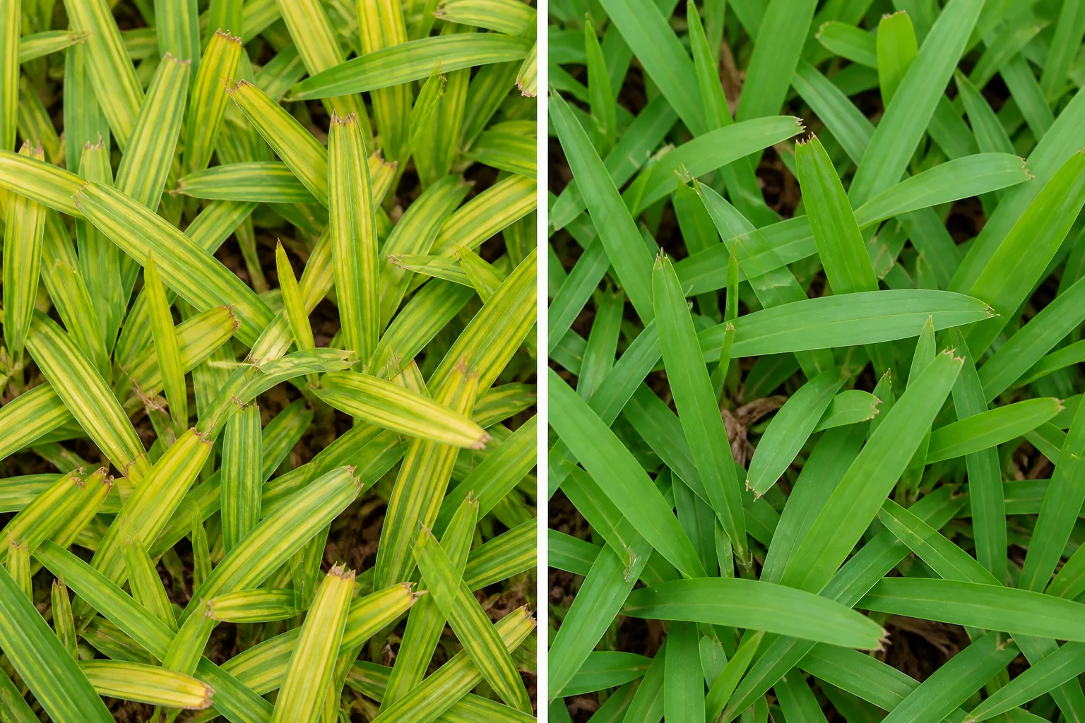 Grass blades with yellow areas between green veins beside more uniformly green blades