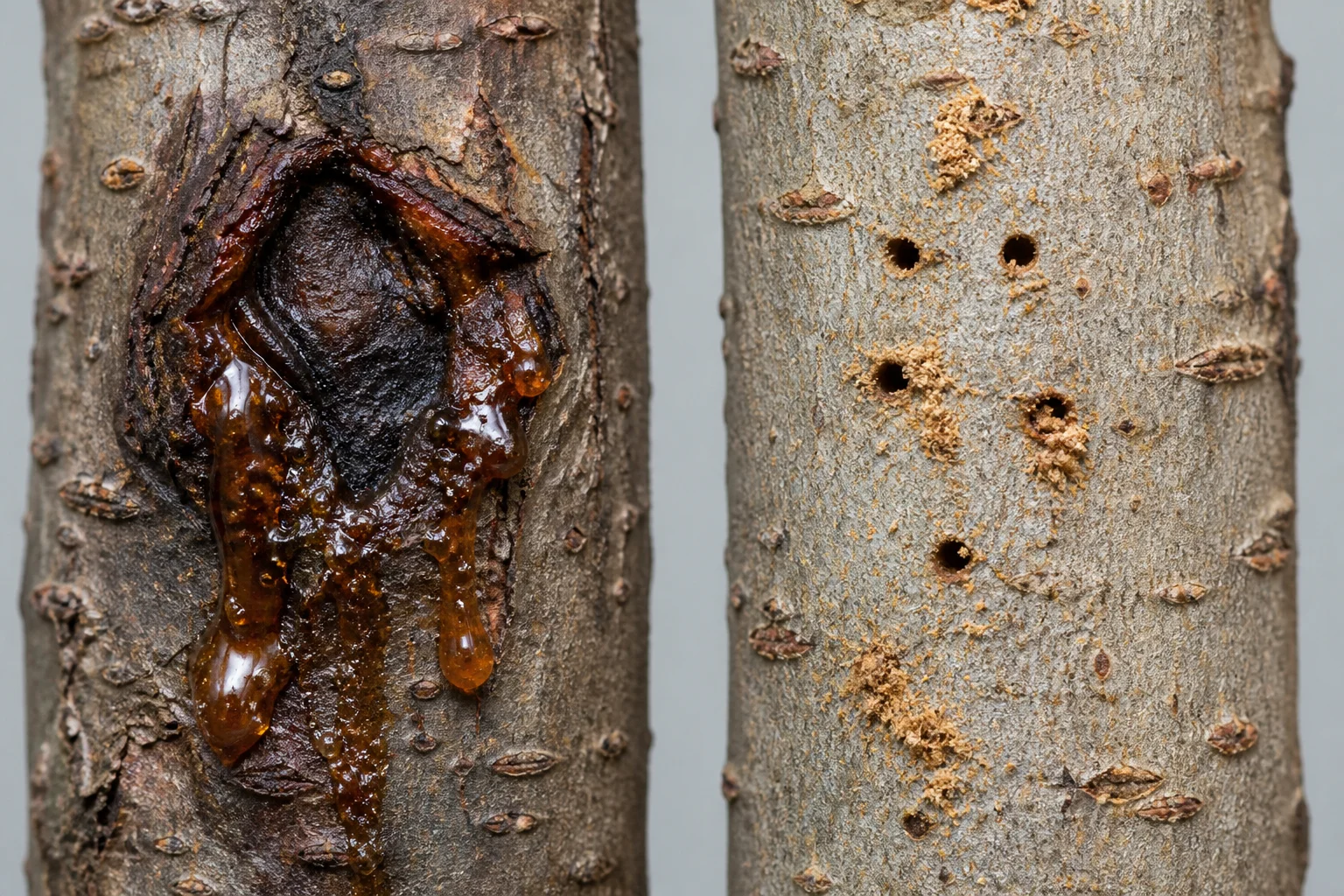 A cherry blossom trunk with amber gum oozing from a sunken canker wound beside a section of bark with small round borer exit holes.