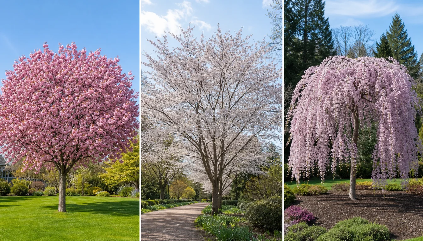 Rounded, vase-shaped, and weeping cherry blossom trees shown at similar mature scale in three yard settings