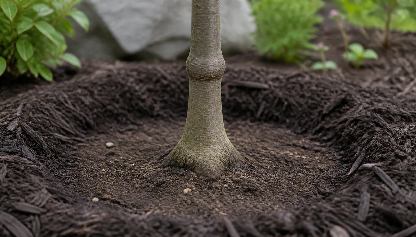Young grafted ornamental cherry planted with the root flare visible, graft union above soil, and mulch pulled away from the trunk