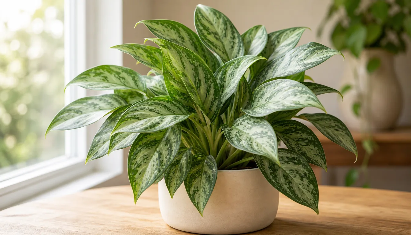 Chinese evergreen with silver green patterned leaves growing in a pot near soft indoor window light