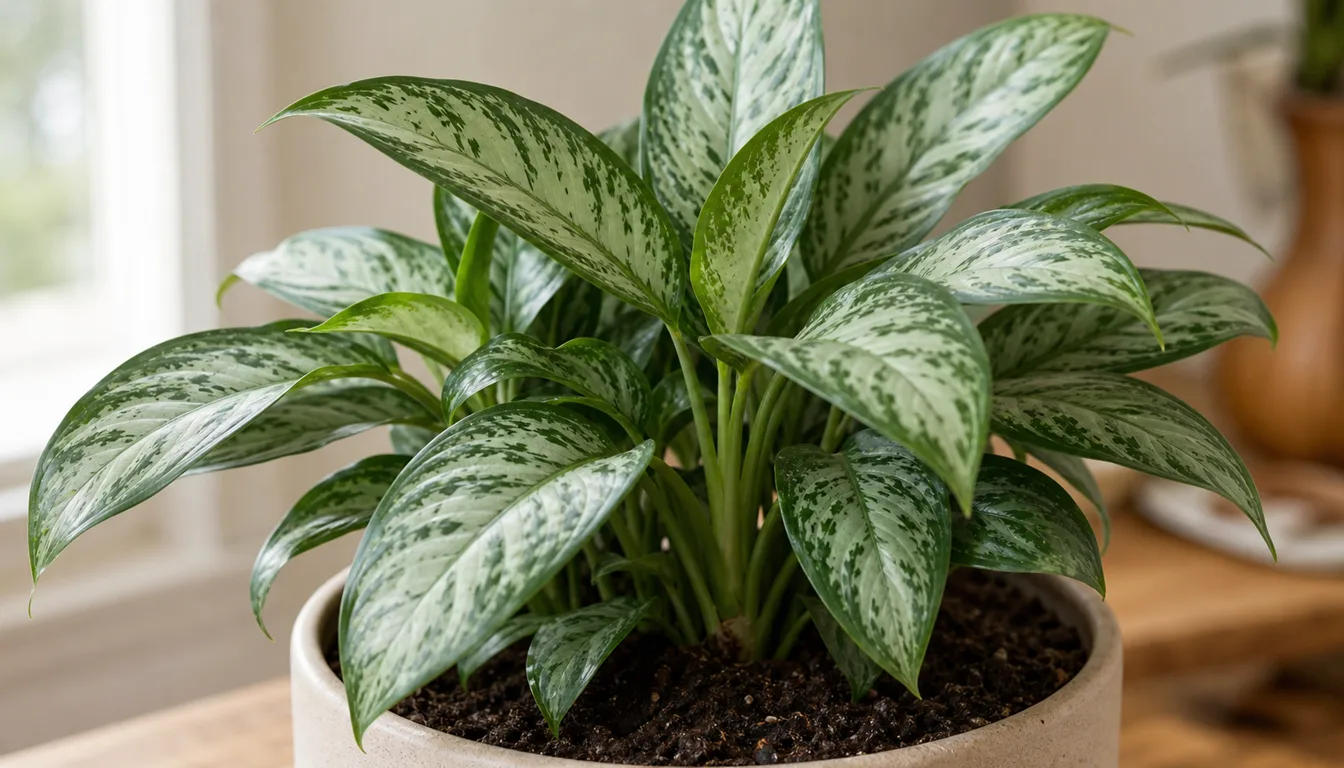 Chinese evergreen pot set back from a cold window while a hand checks the warm crown area
