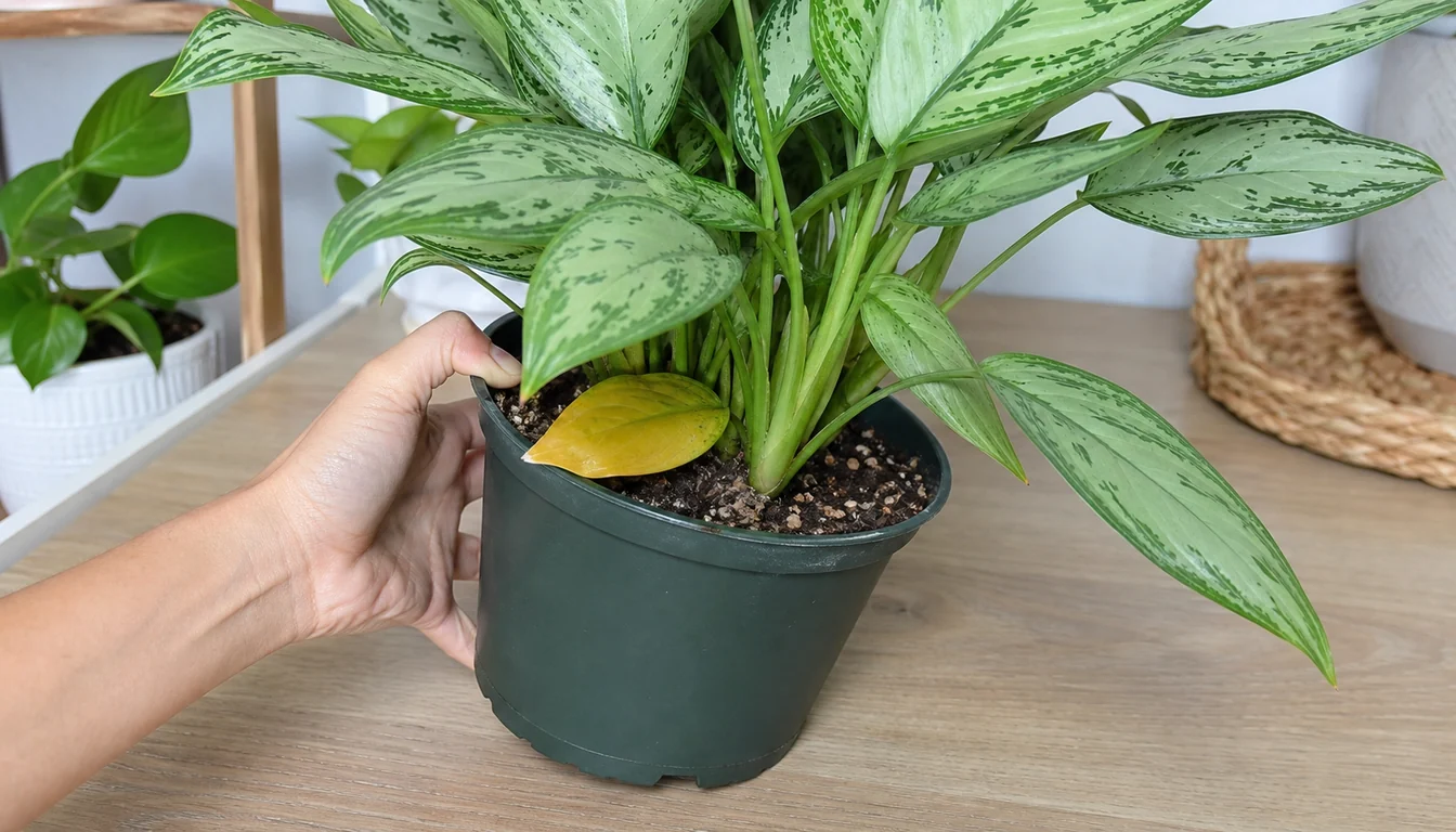 Chinese evergreen with one yellow lower leaf near the soil line while the pot is lifted to check weight