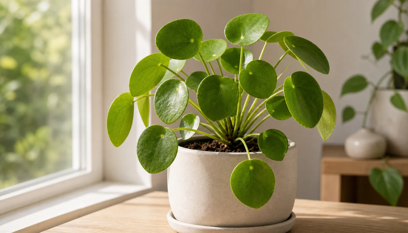 Chinese money plant with round coin-shaped leaves growing upright beside a bright indoor window