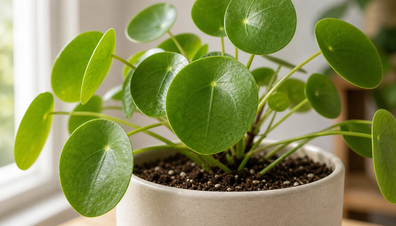 Rooted Chinese money plant pup separated from the mother plant on a potting bench