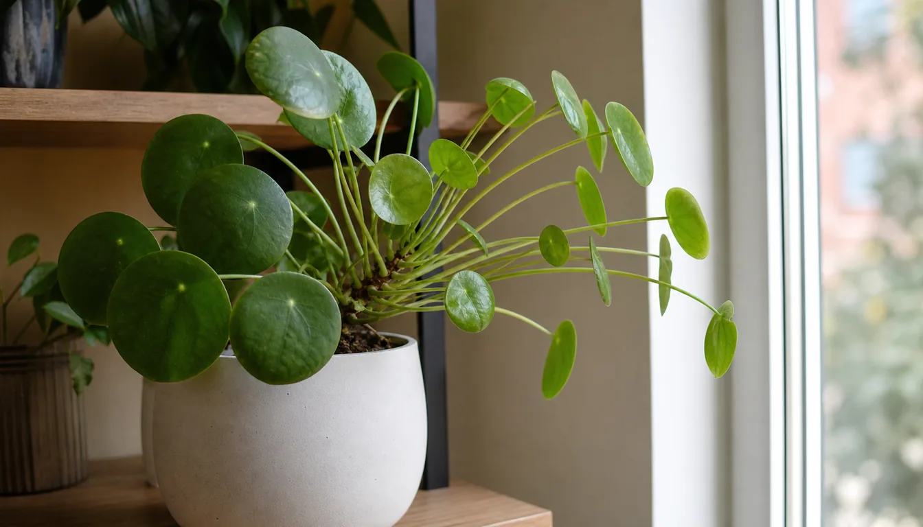 Chinese money plant leaning toward a bright window from one-sided indoor light