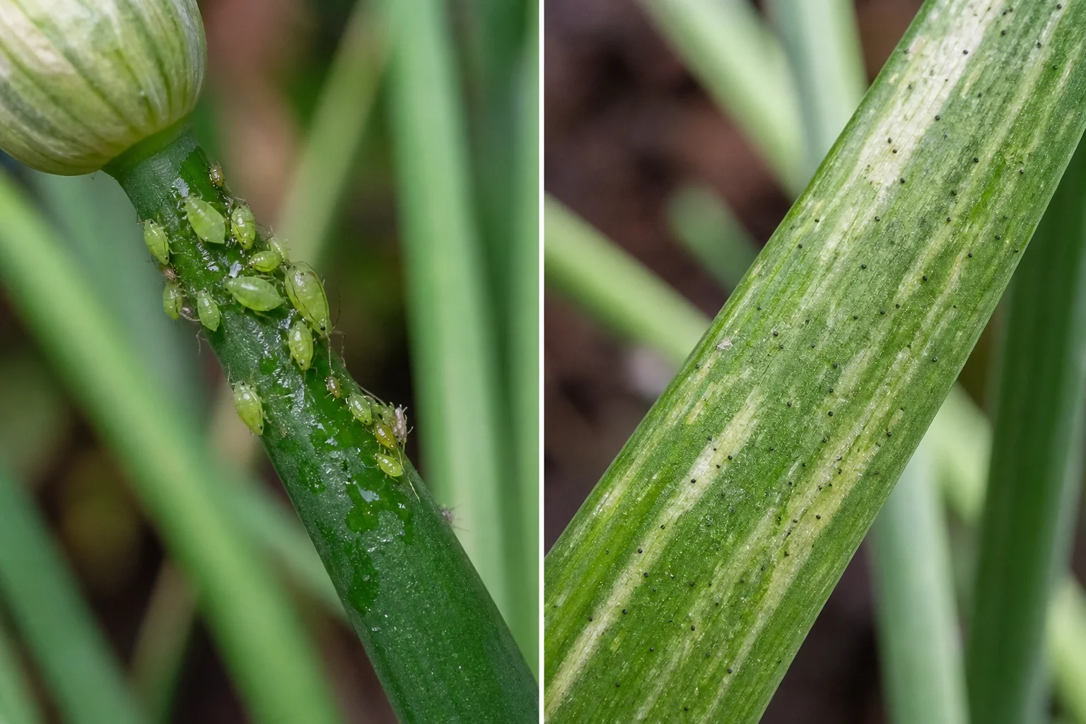 Side-by-side chives leaf comparison showing a cluster of green aphids near a flower stalk next to a leaf with silvery streaking and dark frass specks from thrips