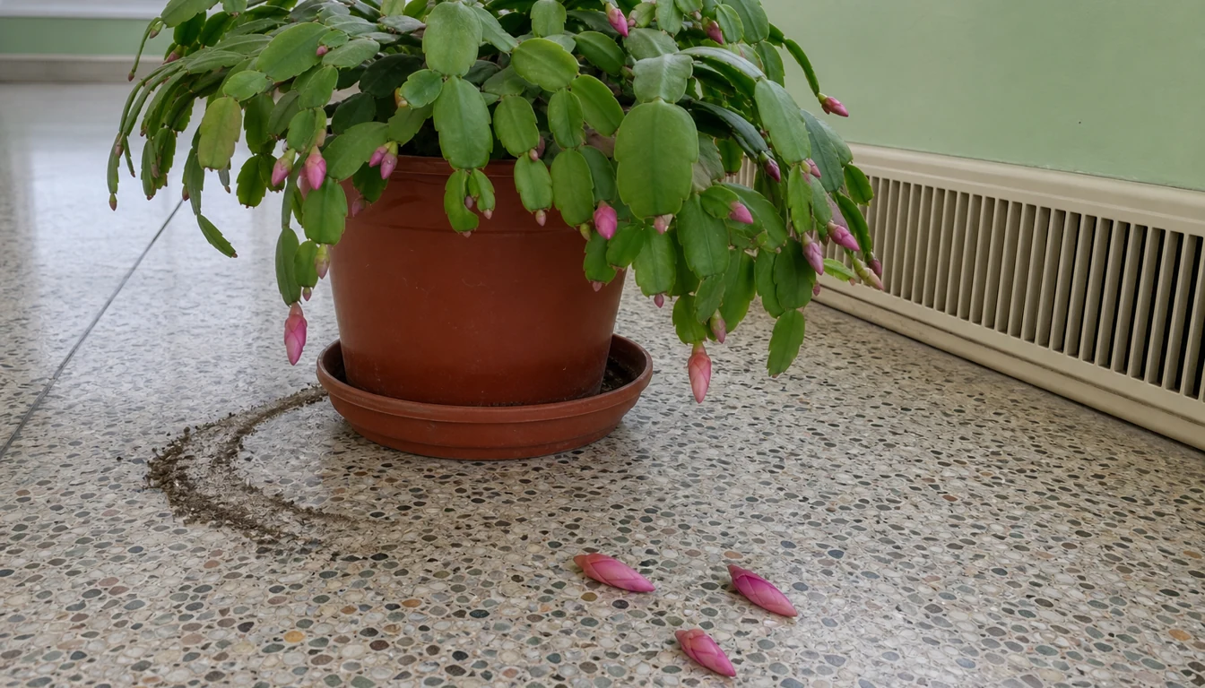 Fresh Christmas cactus buds lie beside a shifted pot near a warm floor vent