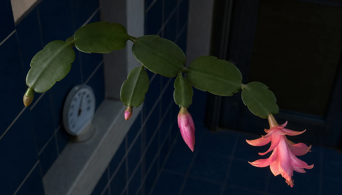 Connected Christmas cactus branches show a bare tip, tiny bud, swollen pink bud, and hanging flower