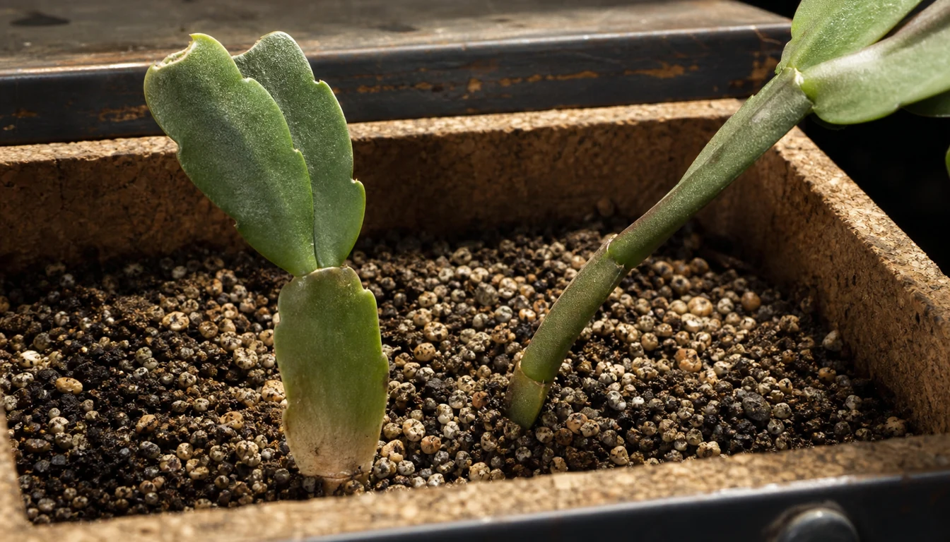 A dry Christmas cactus cutting joint sits shallowly in gritty mix beside the donor twist point