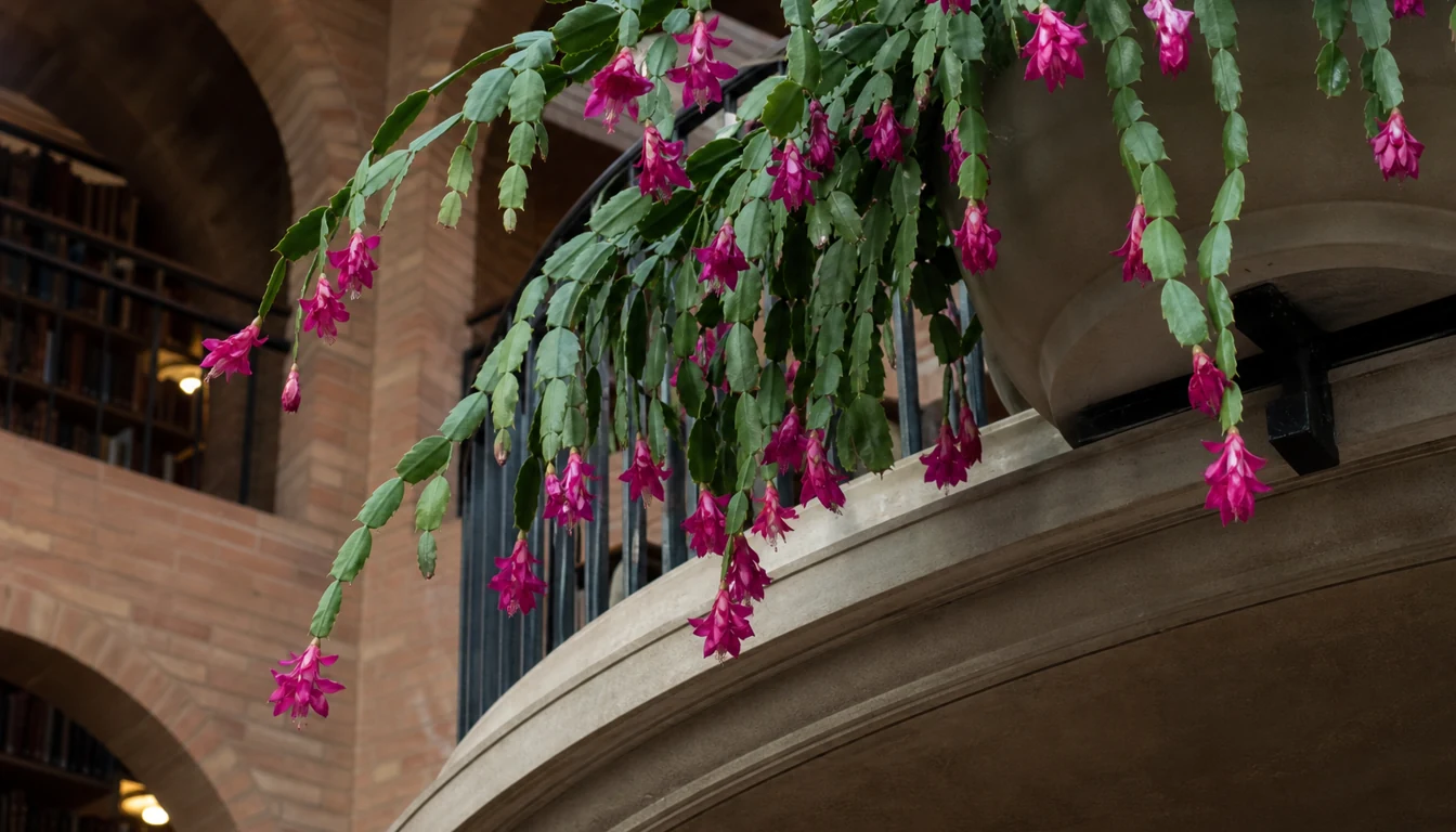 Rounded Christmas cactus stem chains carry hanging magenta flowers above a circular library balcony