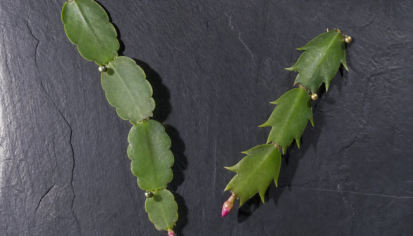 Rounded Christmas cactus segments cross beside pointed Thanksgiving cactus segments on dark slate