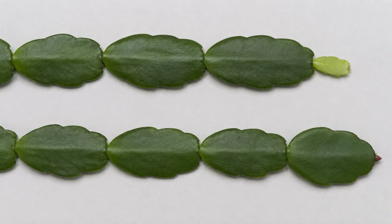 Two Christmas cactus stem chains with rounded scalloped segments at the same scale, the upper one ending in a small pale immature segment and the lower one ending in a broad hardened deep green segment with a tiny reddish point at its tip