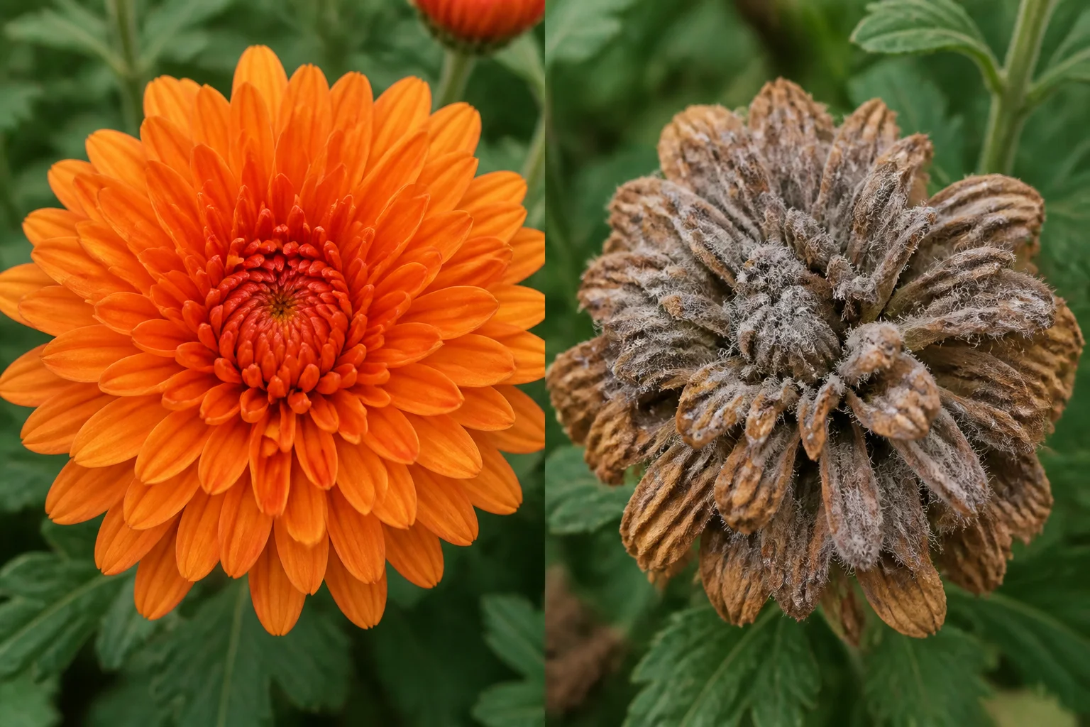 Side-by-side chrysanthemum bloom comparison showing a clean healthy flower and a Botrytis-affected flower covered in gray mold